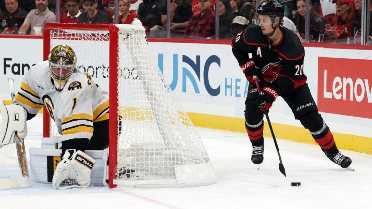 Aho’s late goal leads Hurricanes past Bruins 2-1